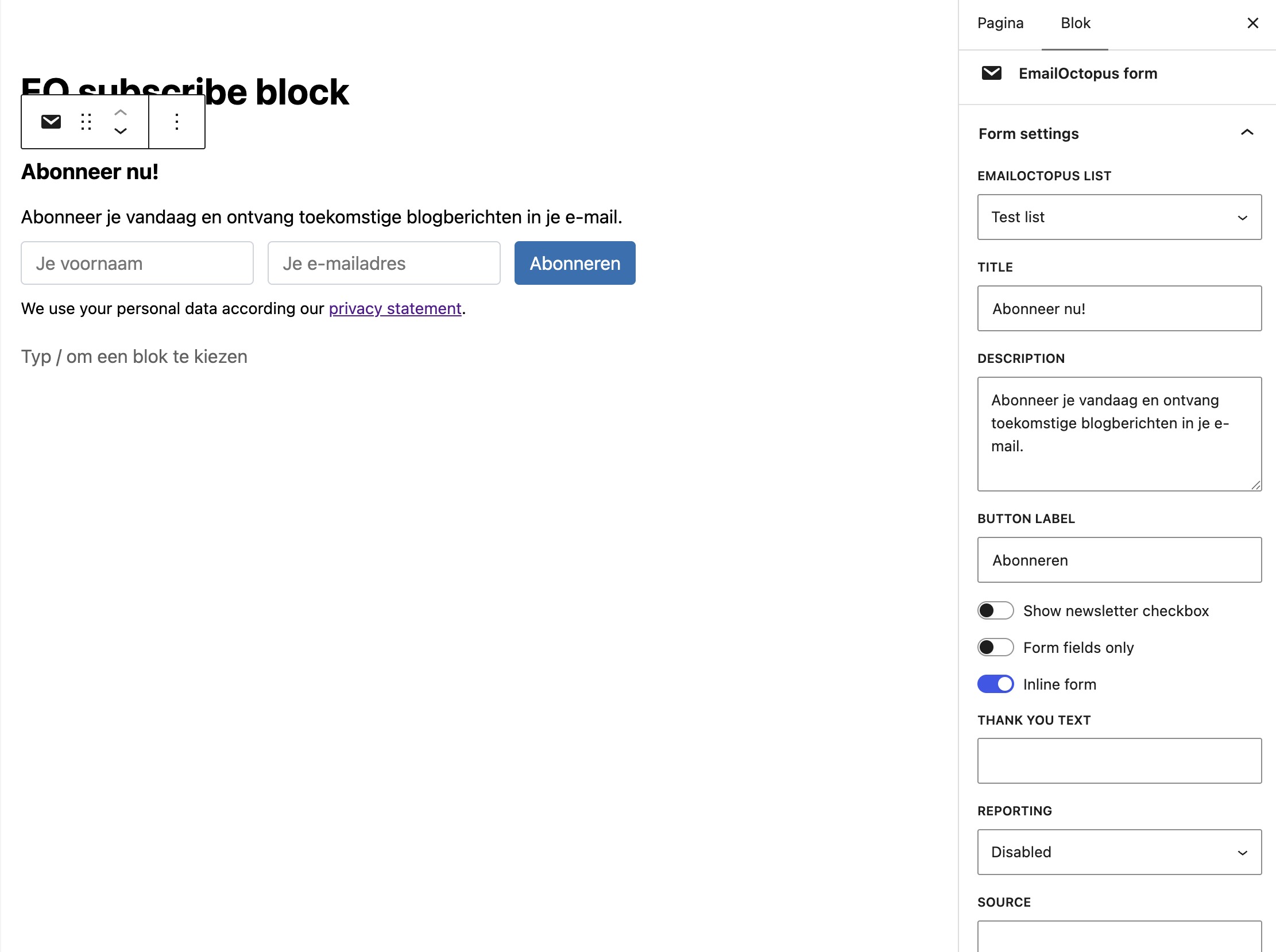 Subscription form inside the Block Editor