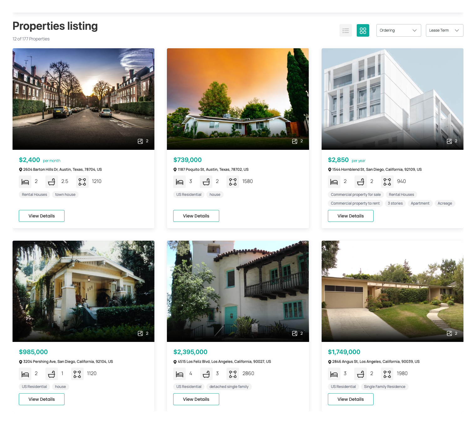 The same listings as a photo grid. Both layouts are paged and both filter.