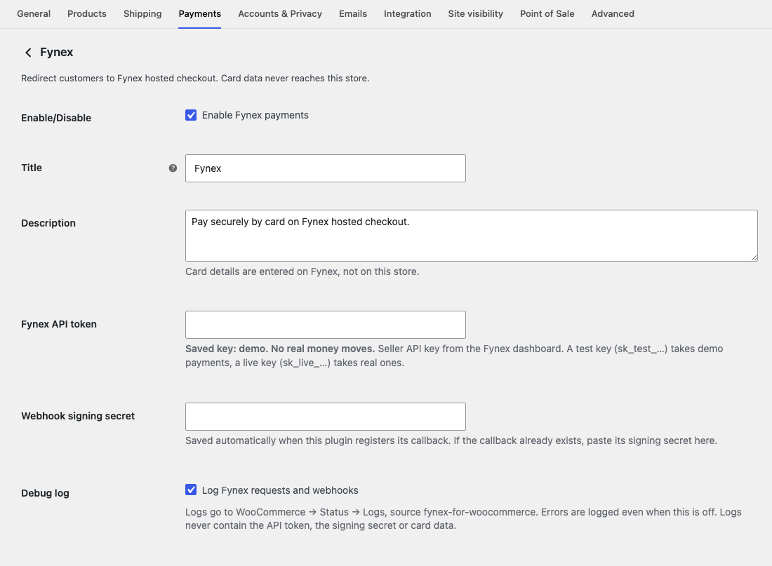 Fynex settings: API key with its demo or live mode, and the debug log option.