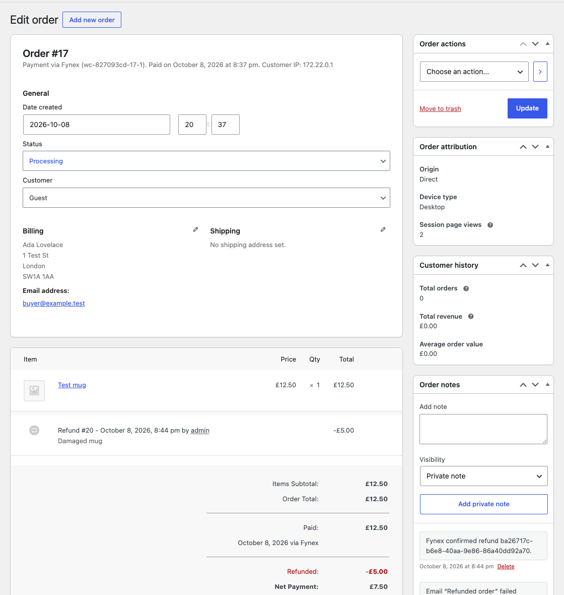 An order paid with Fynex and partly refunded from the order screen.