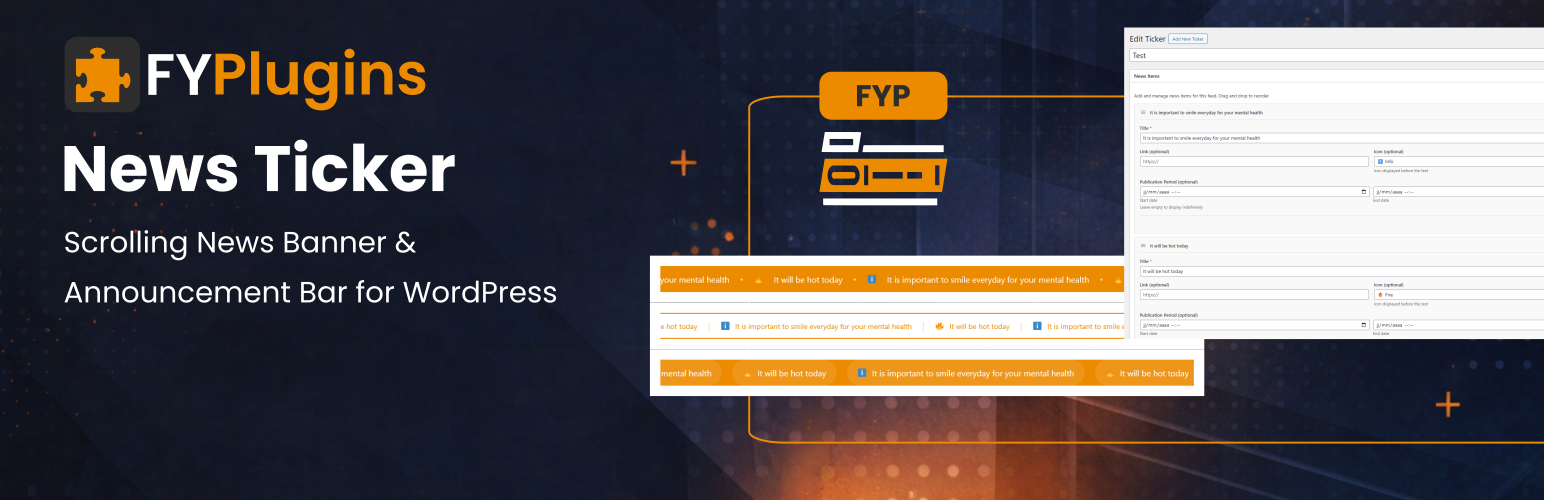 WordPress 外掛 FYP News Ticker – Scrolling News Banner & Announcement Bar for WordPress 的封面圖片。
