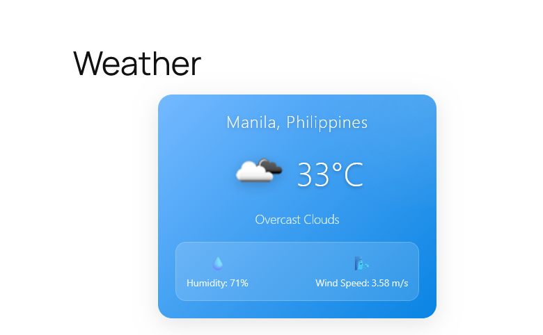 Stunning Weather Widget Display - Beautiful gradient design showing temperature, weather icon, description, humidity, and wind speed with smooth animations