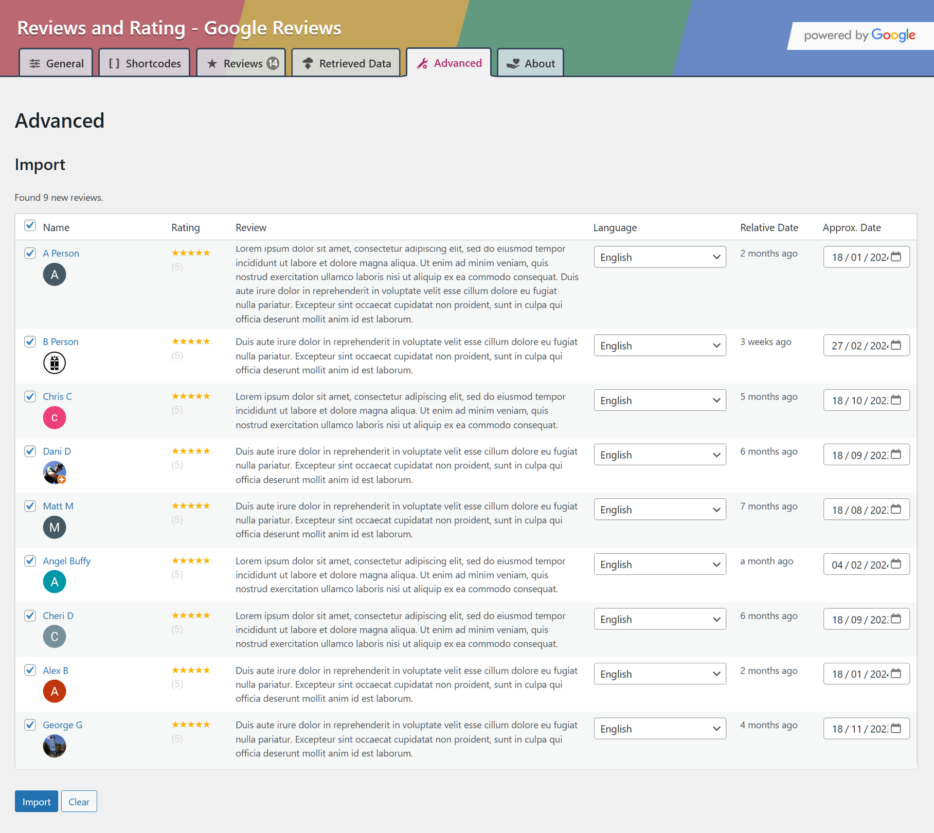 Dashboard view of advanced import with 9 new reviews