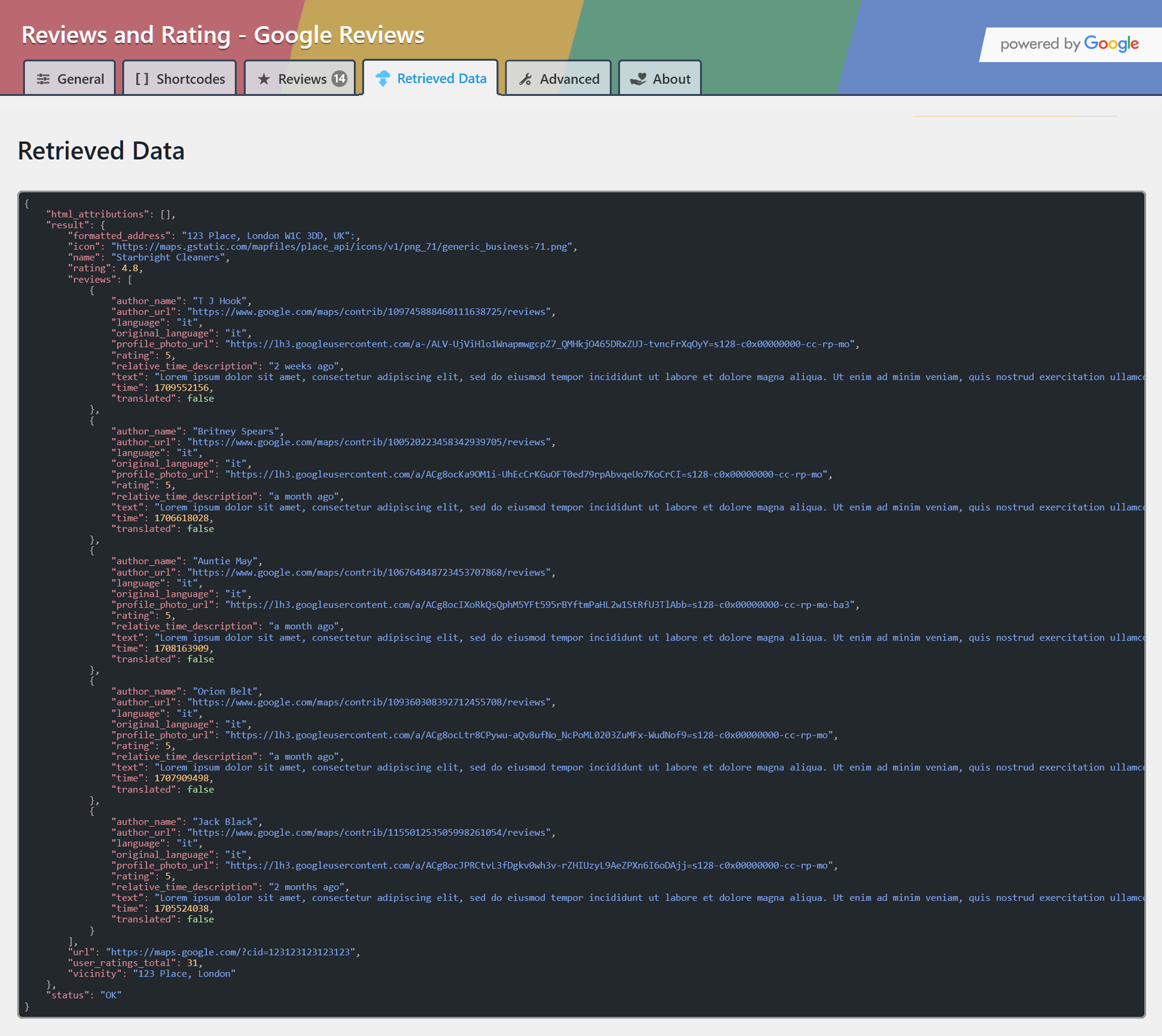 Dashboard view of current retrieved data using the Google API