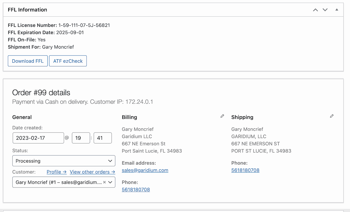 Once a customer has placed an order, in the order details view we add two buttons, one for downloading the FFL if it;s on file, and the 2nd to Launch the ATF's ezCheck site to validate the FFL selected. These items are added in a new FFL Information section of the order page.