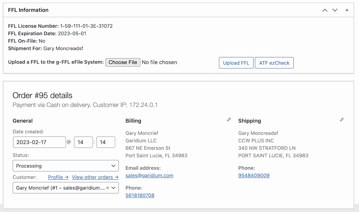 If the customer selected a FFL where there is no signed FFL on-file, we allow you to upload that copy once you receive it. This will help streamline the process for the next time someone asks to ship to this FFL.