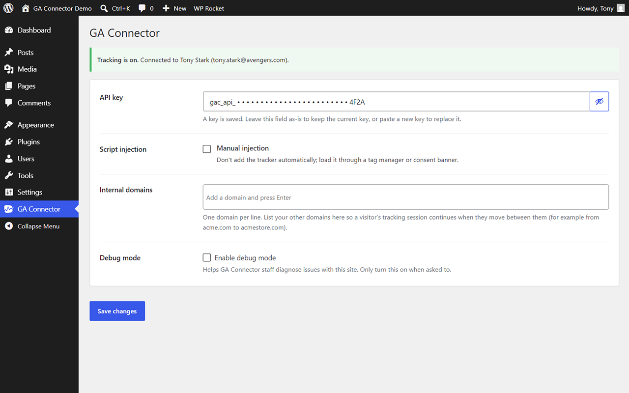 Connected in one step: paste your API key and the green "Tracking is on" banner confirms the plugin has verified your account.