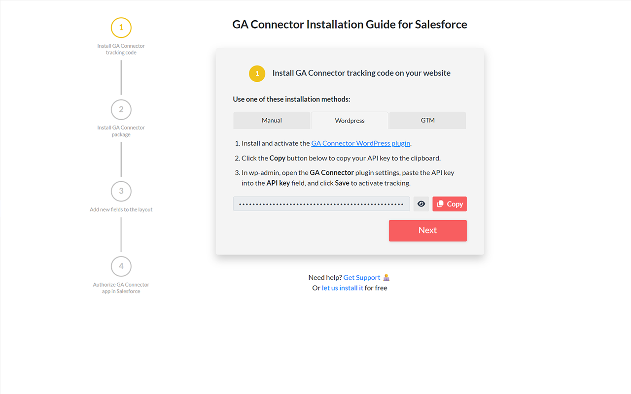 The GA Connector setup wizard: choose the WordPress install method and copy your API key into the plugin.