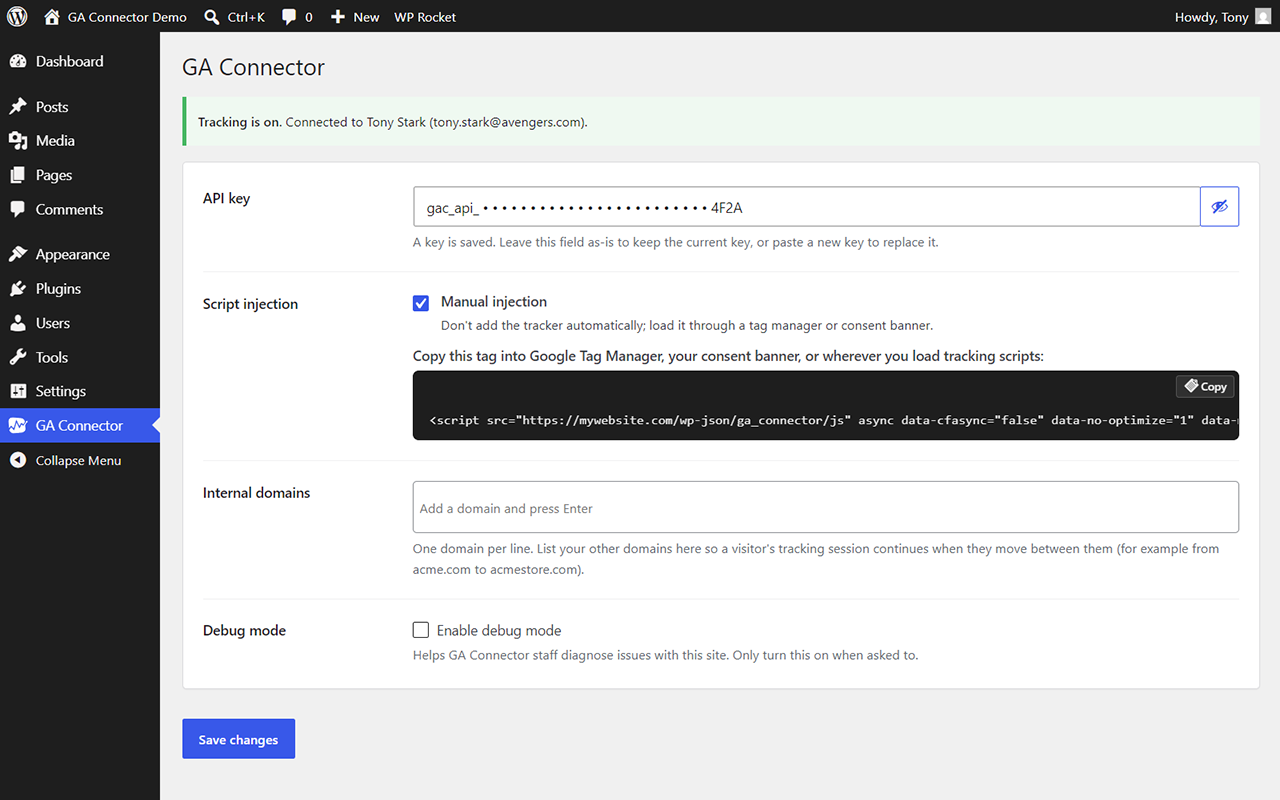 Plugin settings: the API key, script injection, internal domains, and debug mode in a single screen.