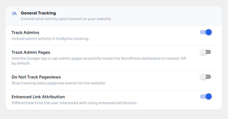 General tracking settings — control admin tracking, pageview tracking, and enhanced link attribution.