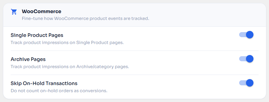 WooCommerce event settings — fine-tune product impression and conversion tracking.