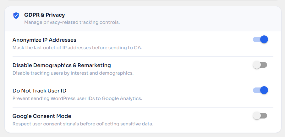 GDPR & privacy controls — IP anonymization, Consent Mode, and user ID tracking options.