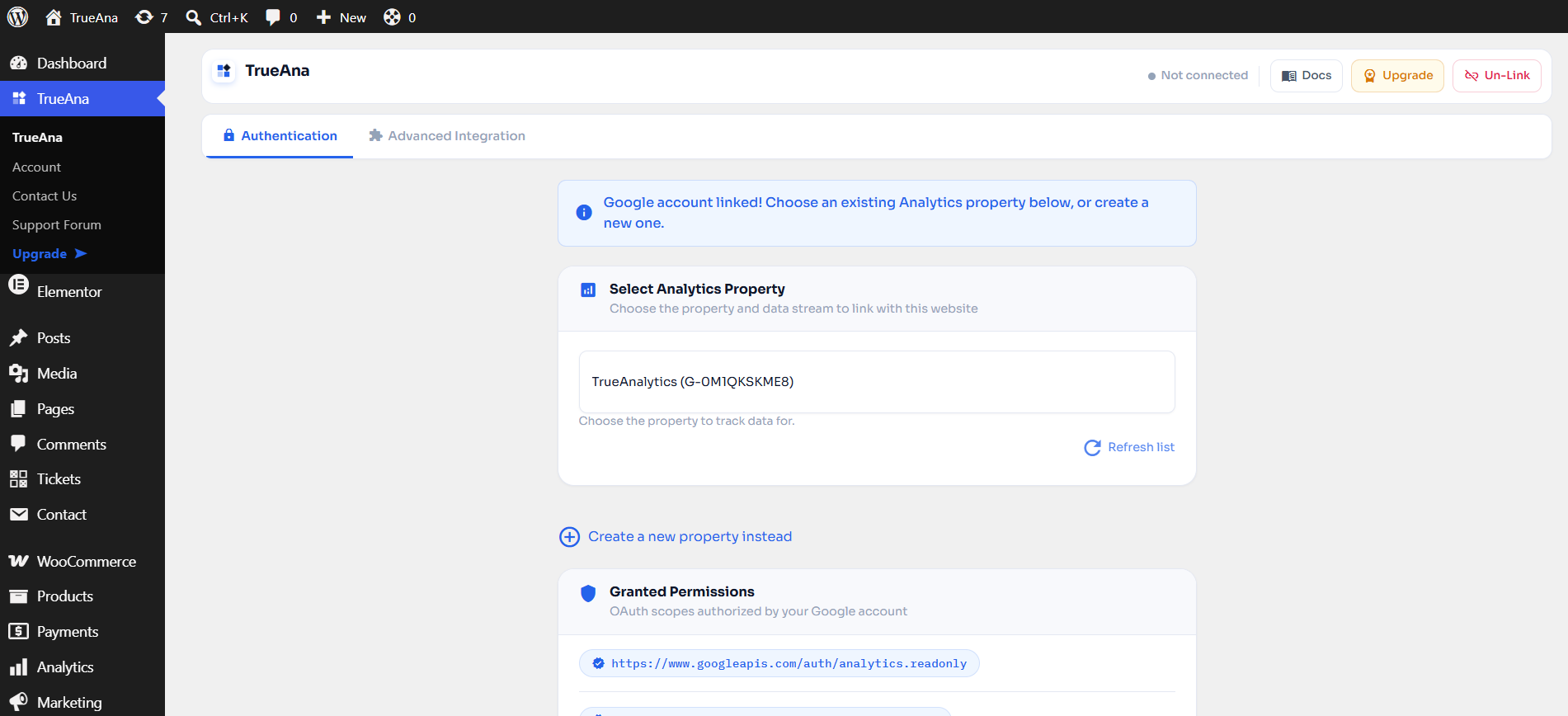 Select your GA4 property and data stream after linking your Google account.