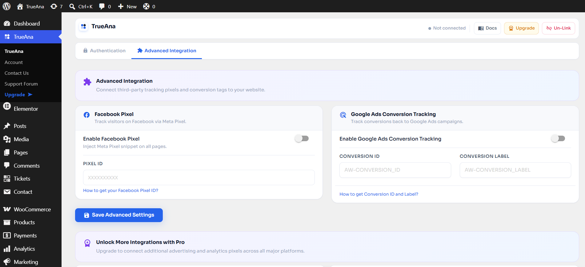 Advanced Integration — enable Facebook Pixel and Google Ads Conversion Tracking alongside GA4.