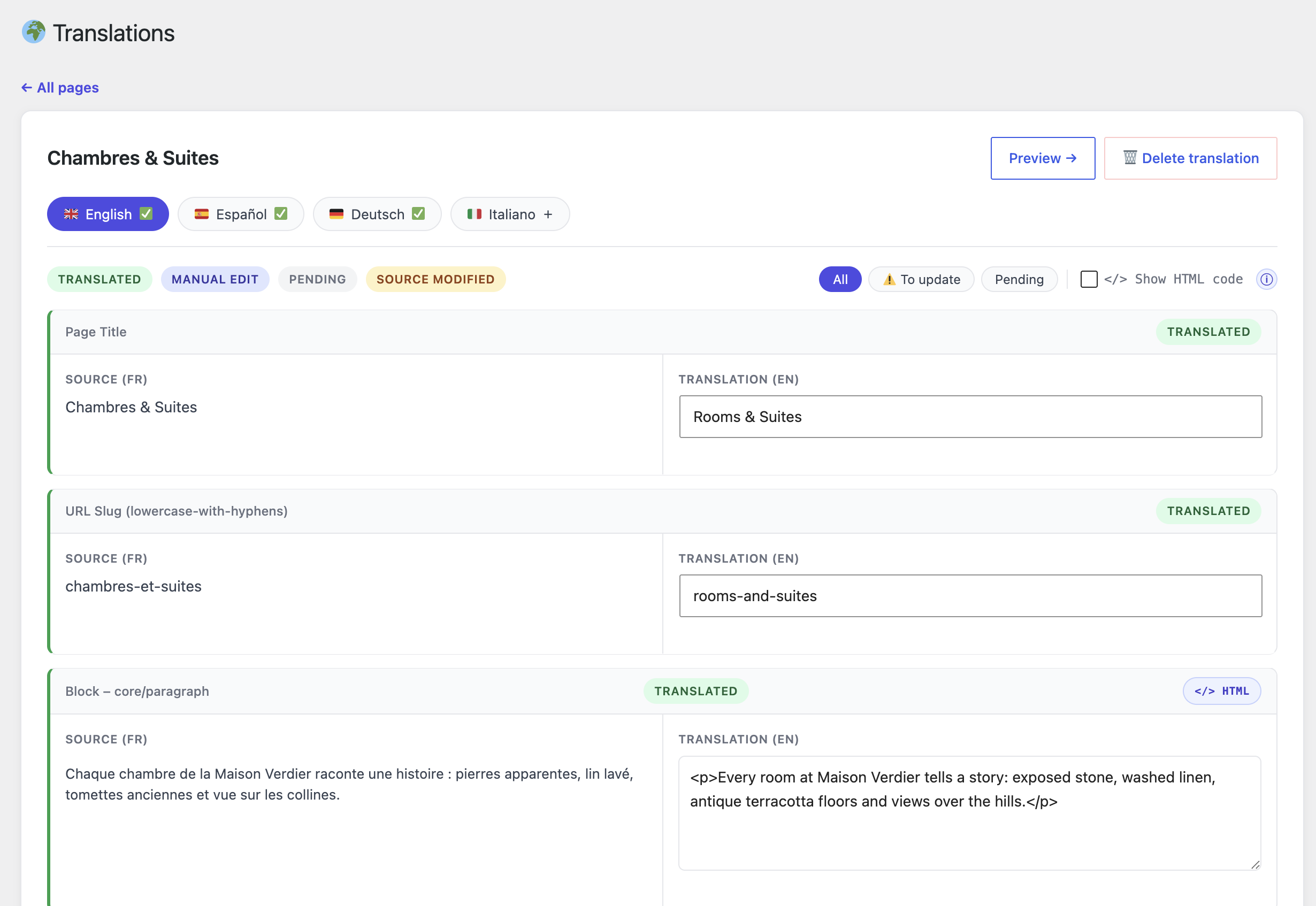 The side-by-side translation editor: page title, URL slug and every content block, each with its own translation status.