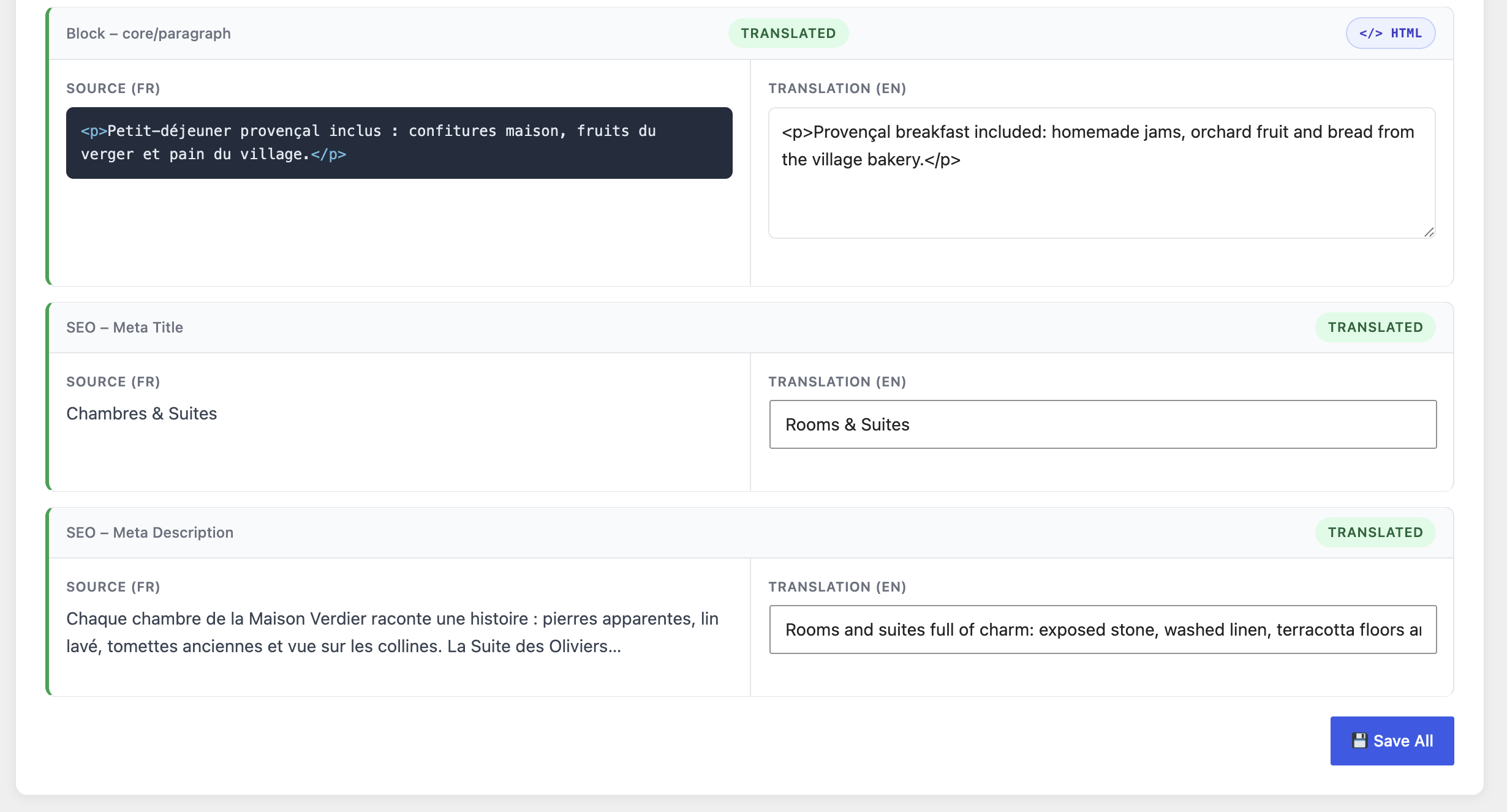 SEO covered too: meta title and meta description are translatable per language.