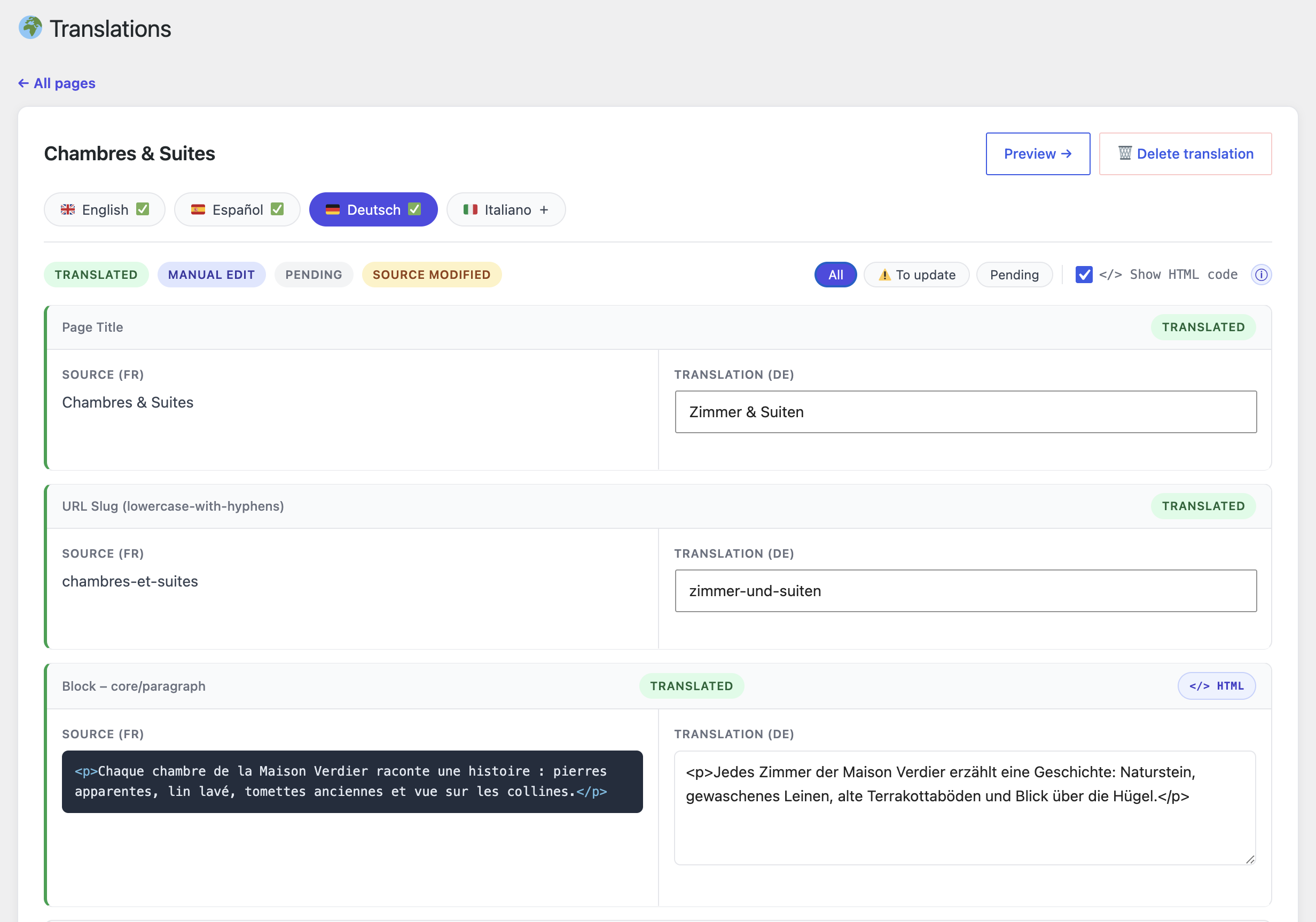The optional HTML view highlights tags in the source so you can reproduce them safely in your translation.