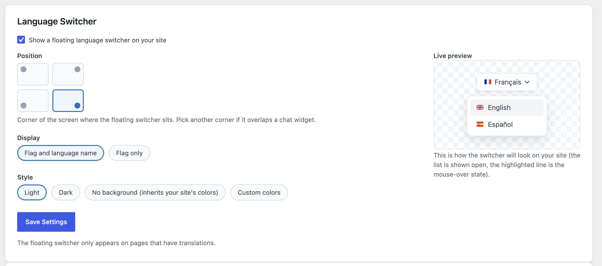 The language switcher customizer: position, display, style — with a live preview.