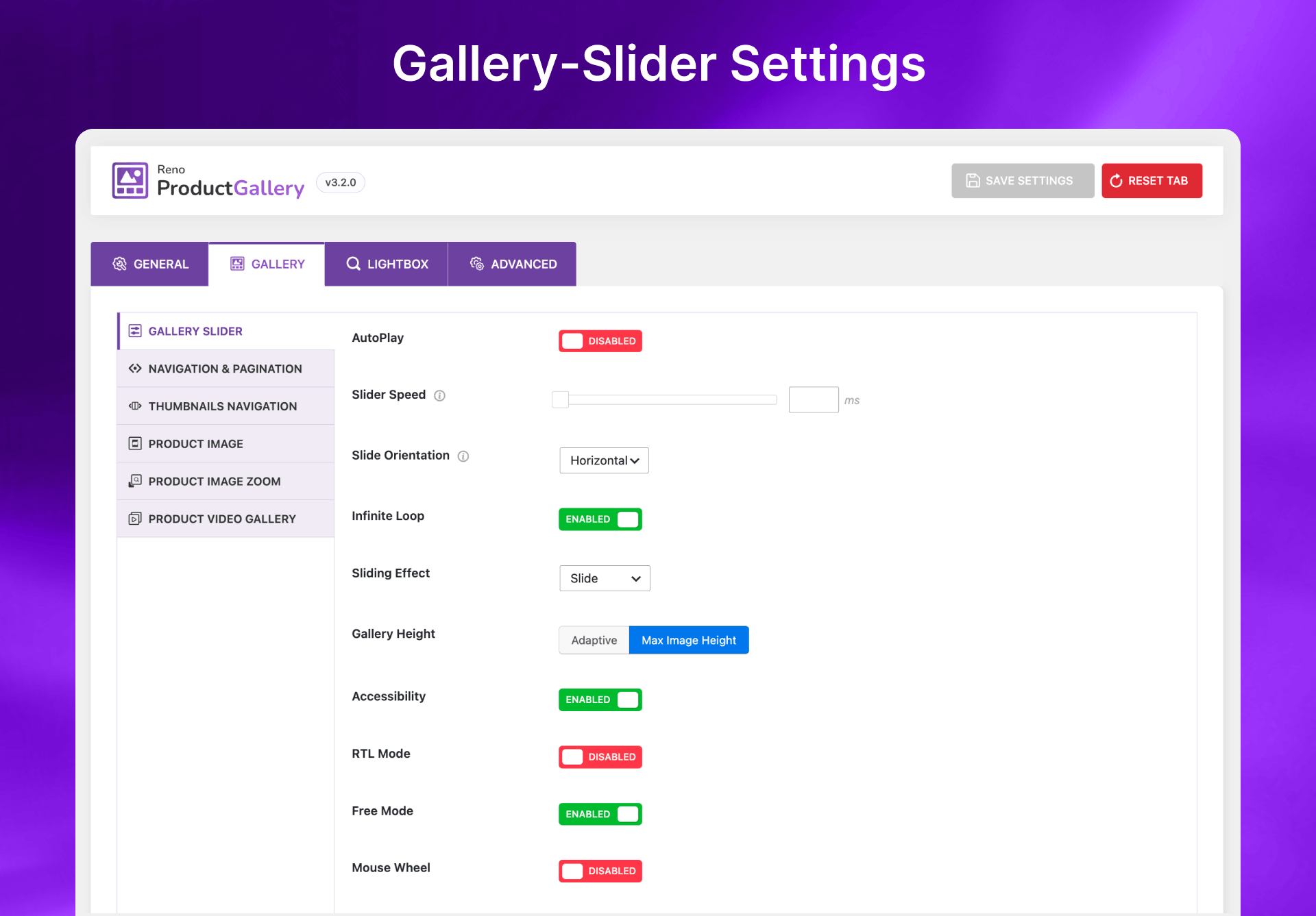Gallery Slider Settings