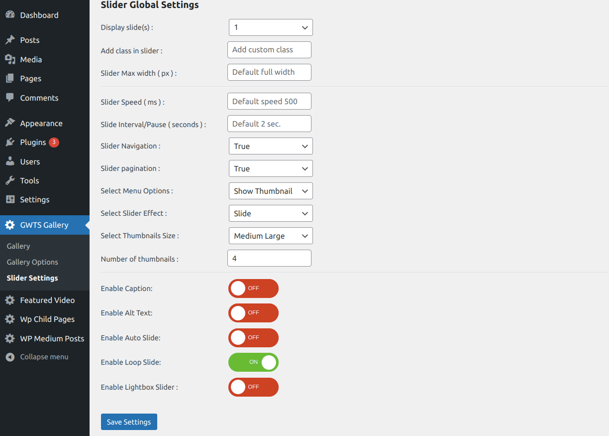 Slider Setting Options
