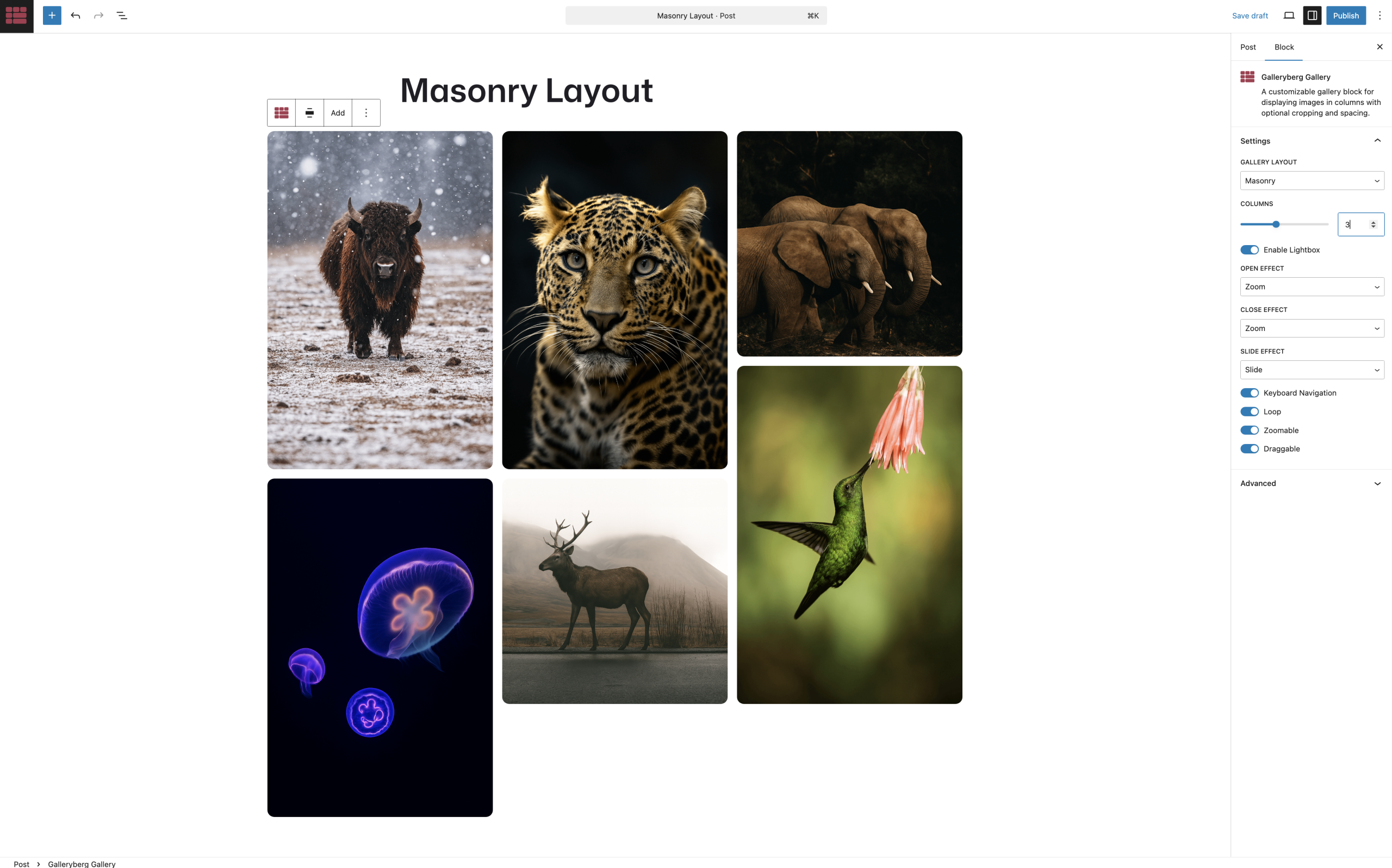 Tiles layout example with 3 columns