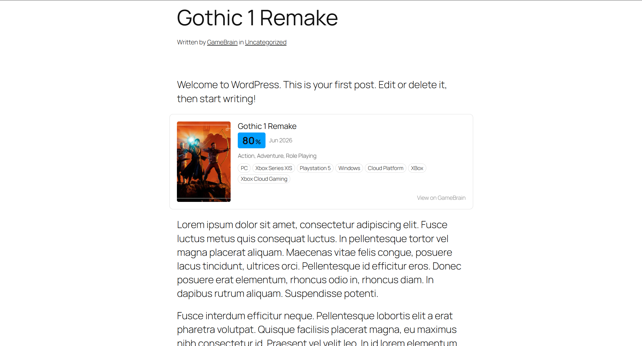 Game Card rendered inline in a post — cover, GameBrain Score, release date, genres and platforms.