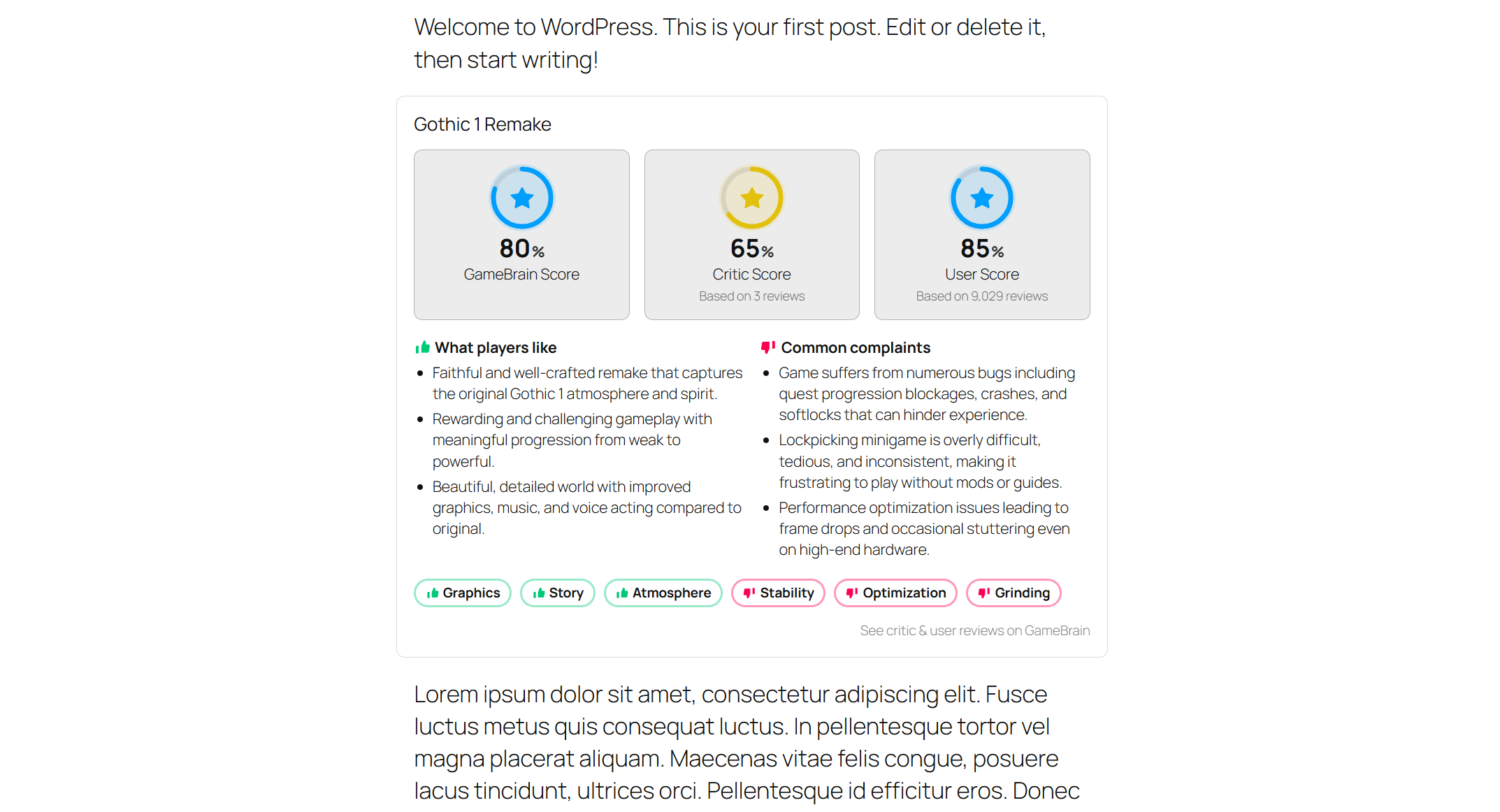 Review Summary — GameBrain, critic and user scores with what players like and dislike.