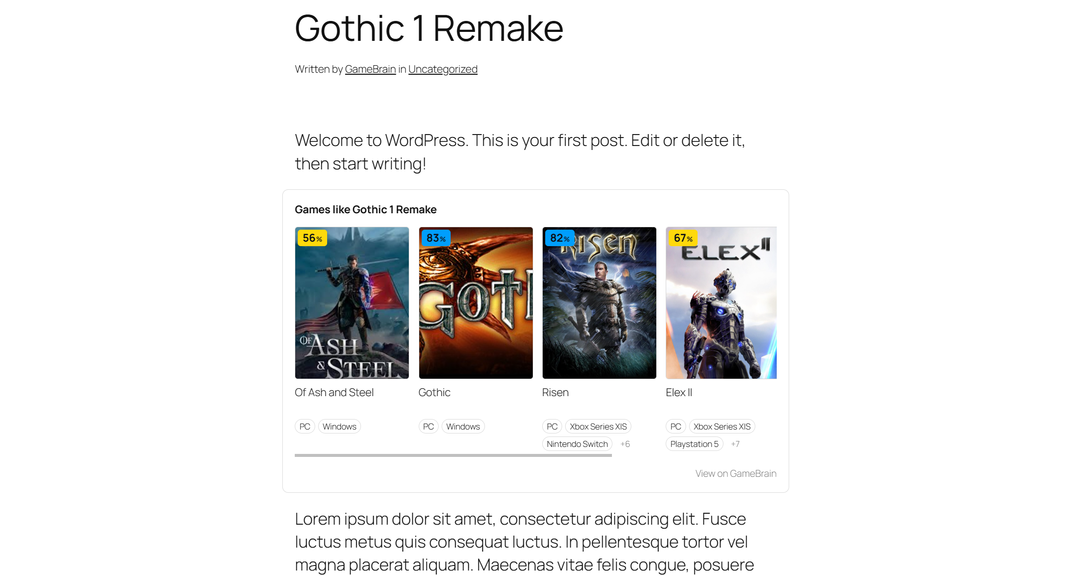 Similar Games — a scrollable row of related titles with score badges and platforms.