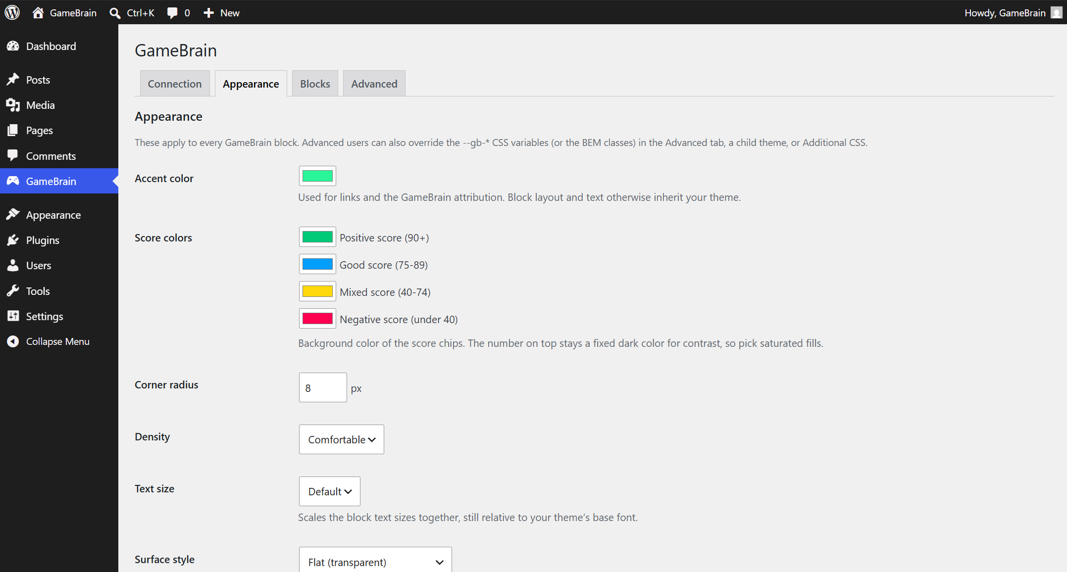 Appearance settings — accent, score-band colors, corner radius and density.