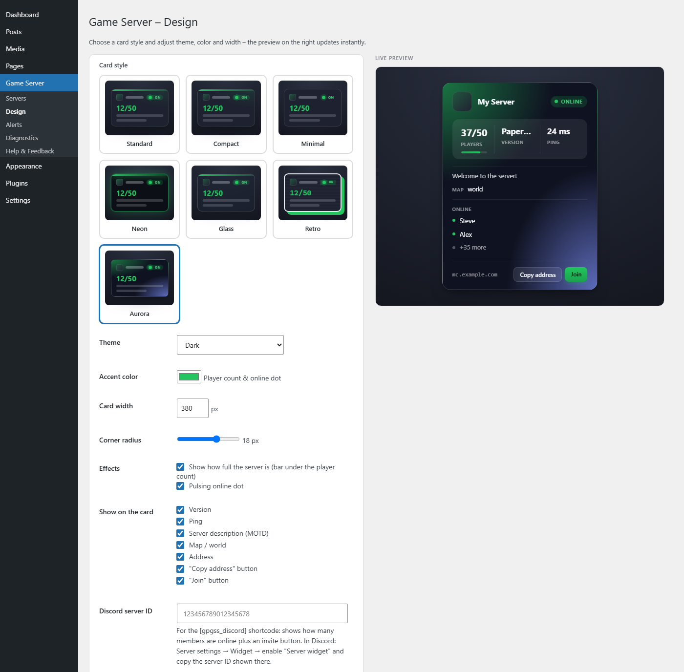 Design settings with instant live preview: style, theme, accent color, width, corner radius, effects and which elements are shown.
