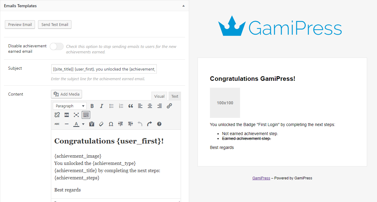 Configurable email templates to let your users get notified automatically about new awards.