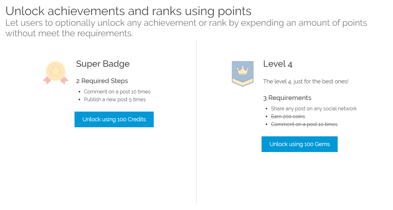 Let users to optionally unlock any achievement or rank by expending an amount of points without meet the requirements.