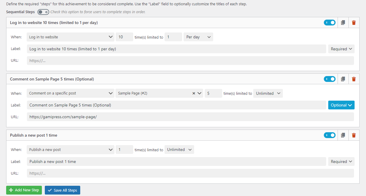 Drag and drop control to define the requirements for any achievement, points type or rank.