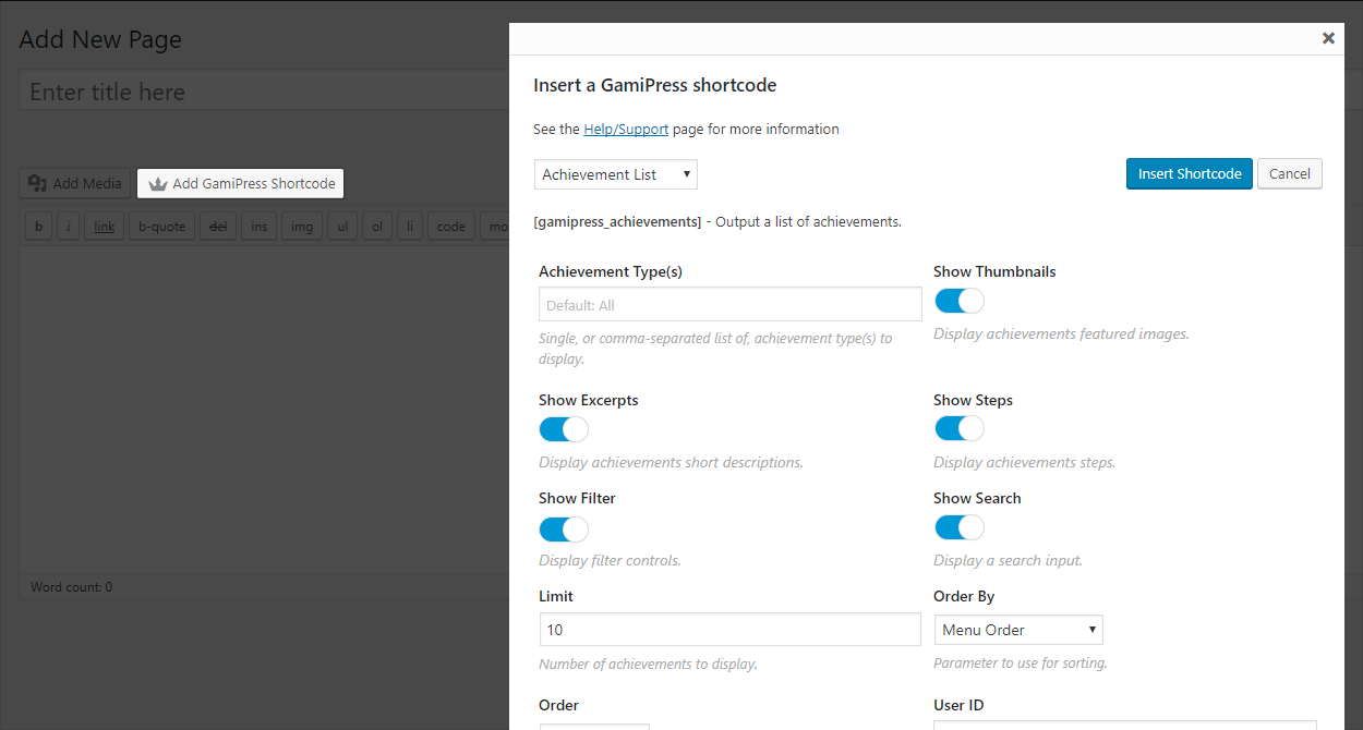 Live shortcode editor appears in the toolbar of all WordPress content editor areas, allowing you to transform any page or post into part of your gamification system without referencing any of the shortcodes.