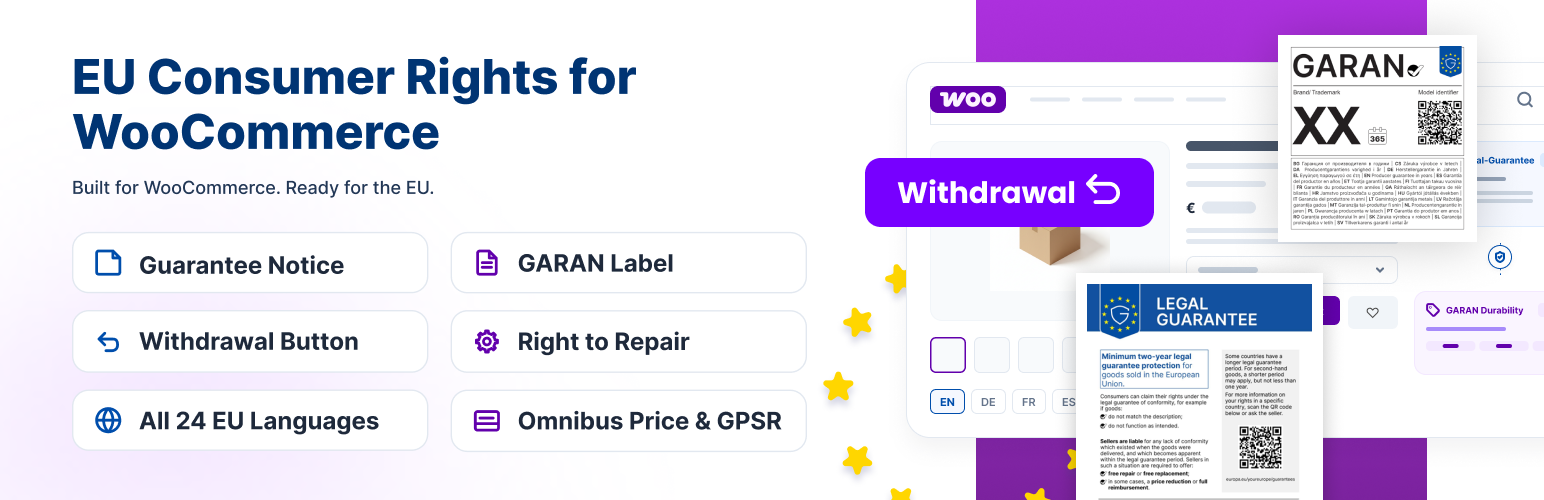 WordPress 外掛 EU Consumer Rights for WooCommerce – Guarantee Notice, GARAN Label, Withdrawal Button, Right to Repair, Omnibus Price & GPSR 的封面圖片