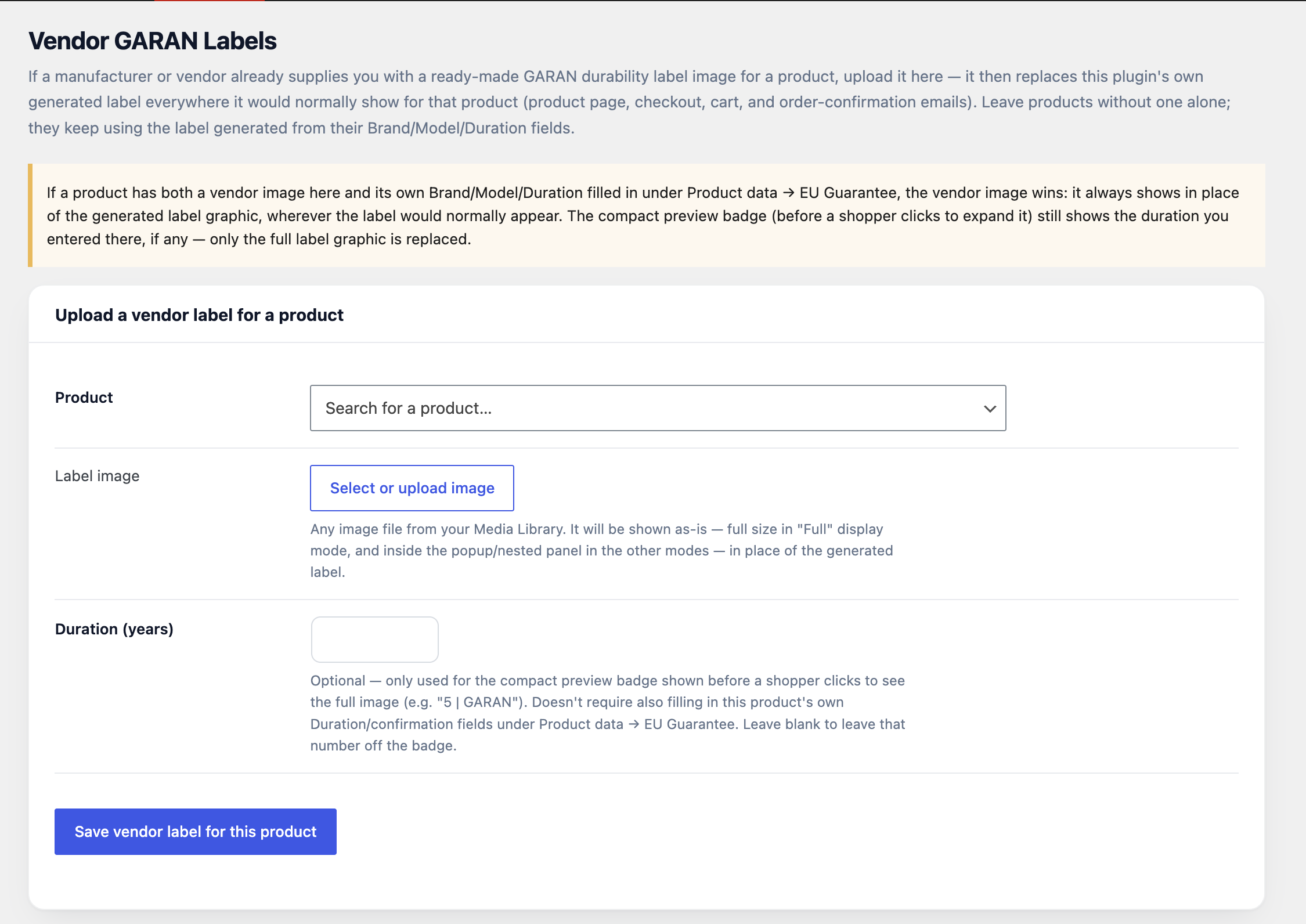 EU Legal-Guarantee Notice &amp; GARAN Durability Label for WooCommerce