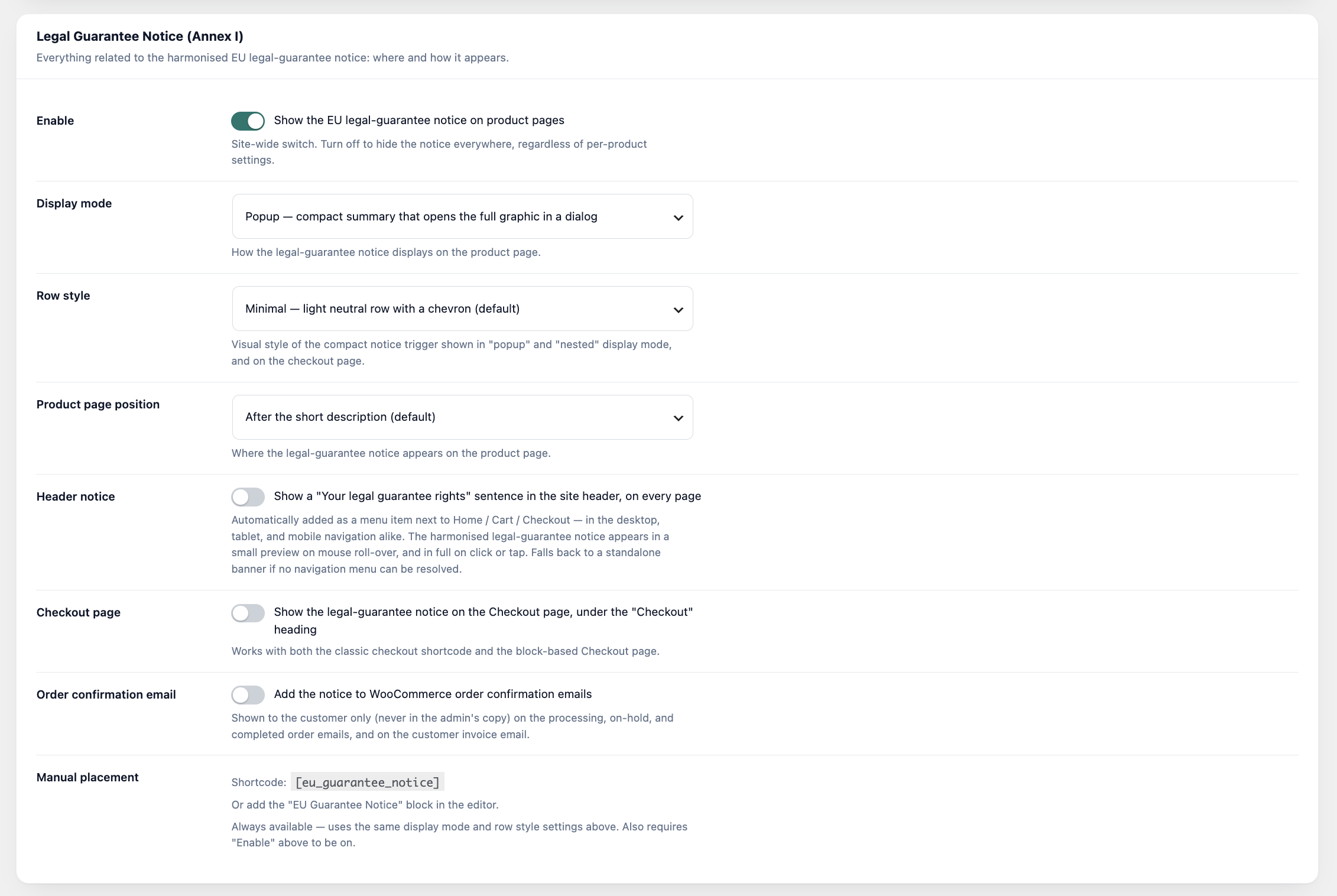 EU Legal-Guarantee Notice &amp; GARAN Durability Label for WooCommerce