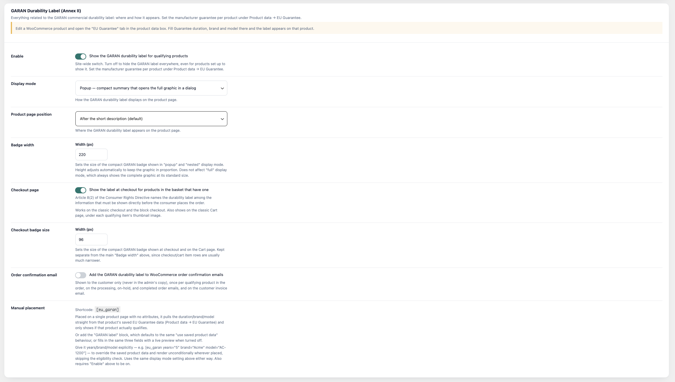 EU Legal-Guarantee Notice &amp; GARAN Durability Label for WooCommerce
