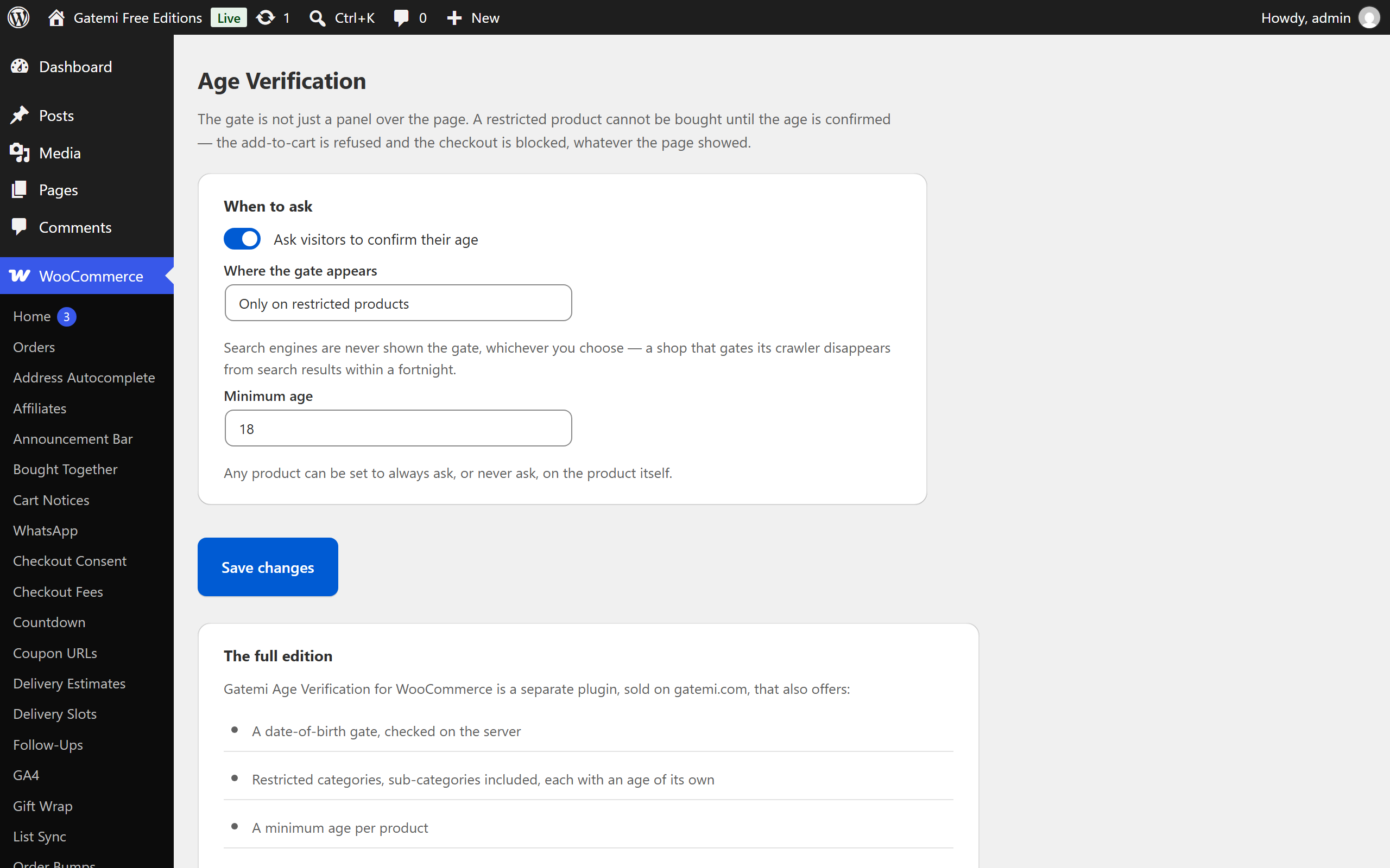 The settings screen: whether the gate is on, where it appears, and the store-wide minimum age.