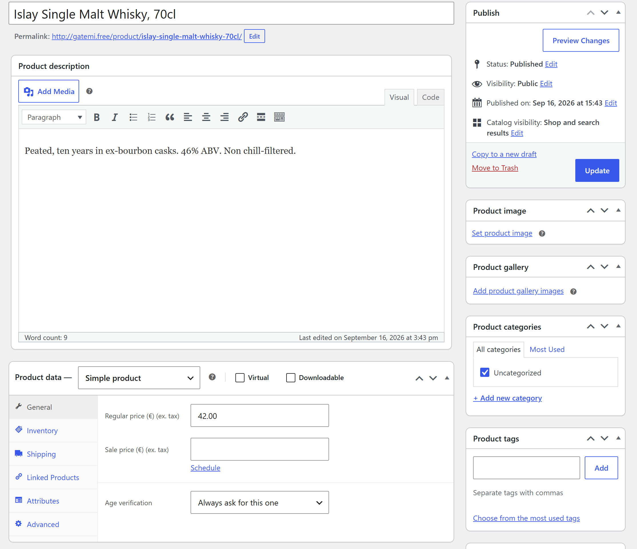 The per-product switch in WooCommerce's own Product data box — always ask, never ask, or follow the store.
