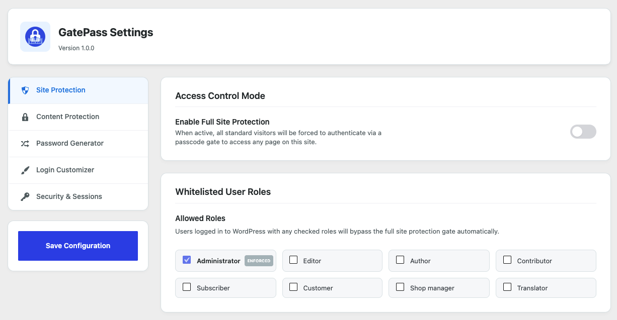 Site Protection Settings