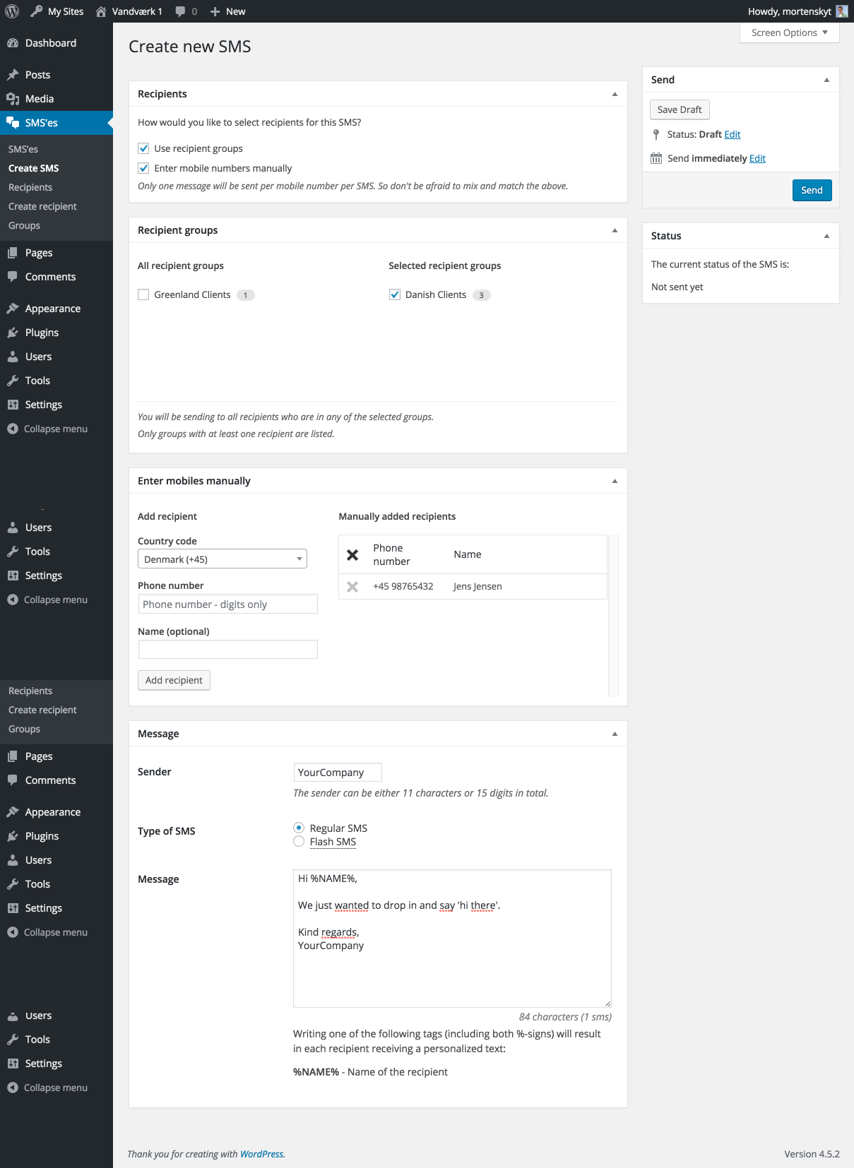 If the SMS Sending UI is enabled, this is how you can send a SMS from the backend.