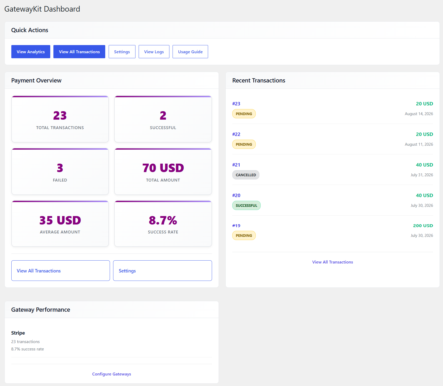 GatewayKit dashboard with payment overview.