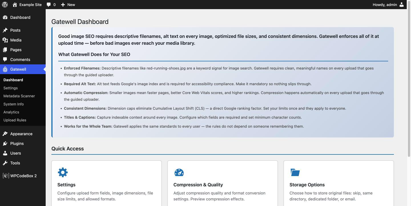 The Gatewell dashboard: what the plugin enforces on every image upload.