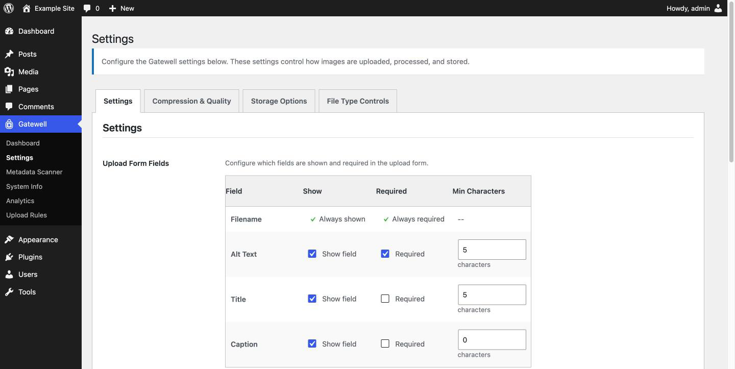 Settings: choose which fields (alt text, title, caption) are shown and required, with minimum character counts.