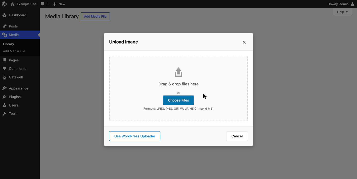 The guided uploader replaces the default upload dialog on the Media Library and in the editor.