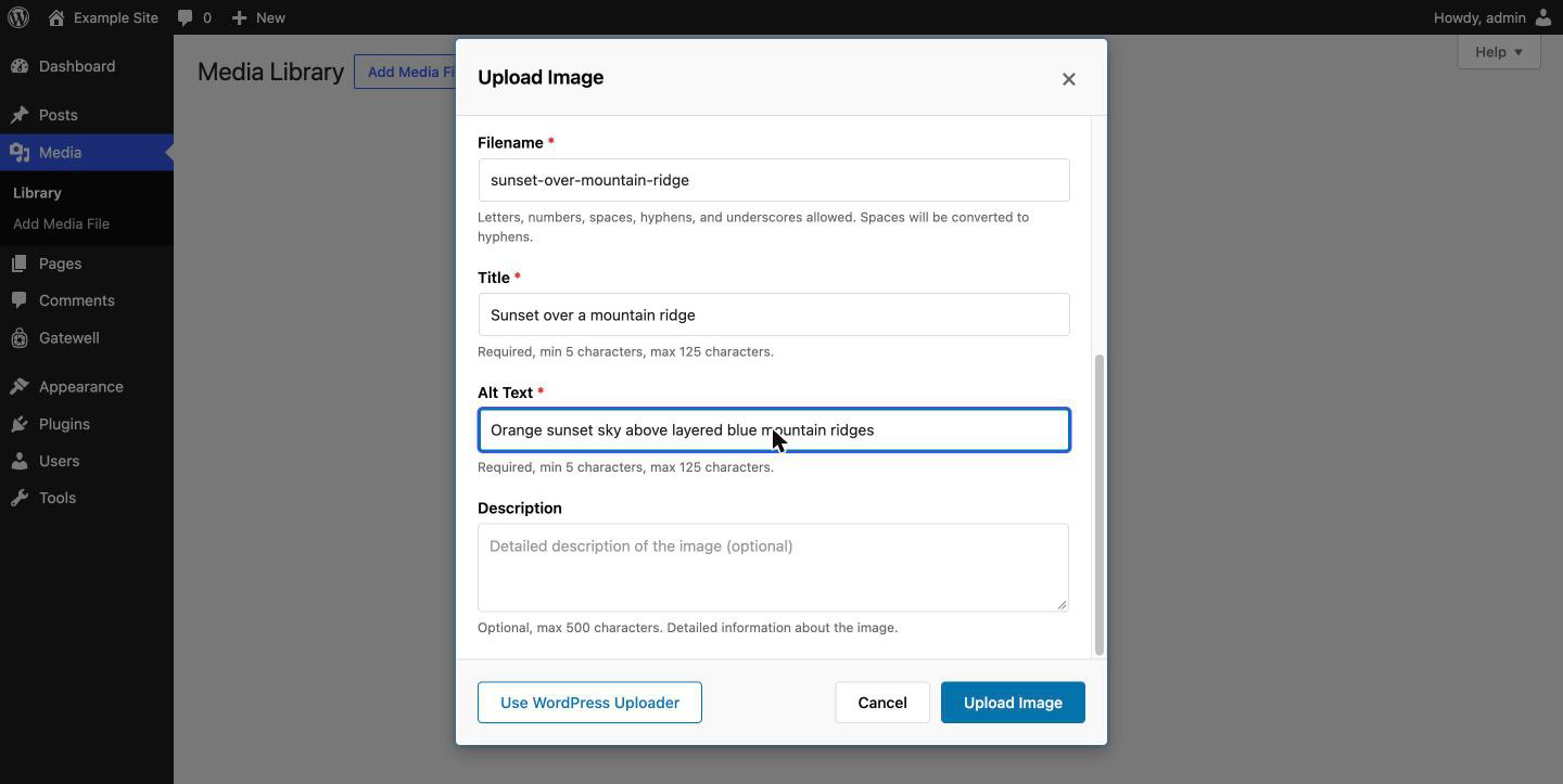 The upload form: a descriptive filename and alt text are required before the image is accepted.