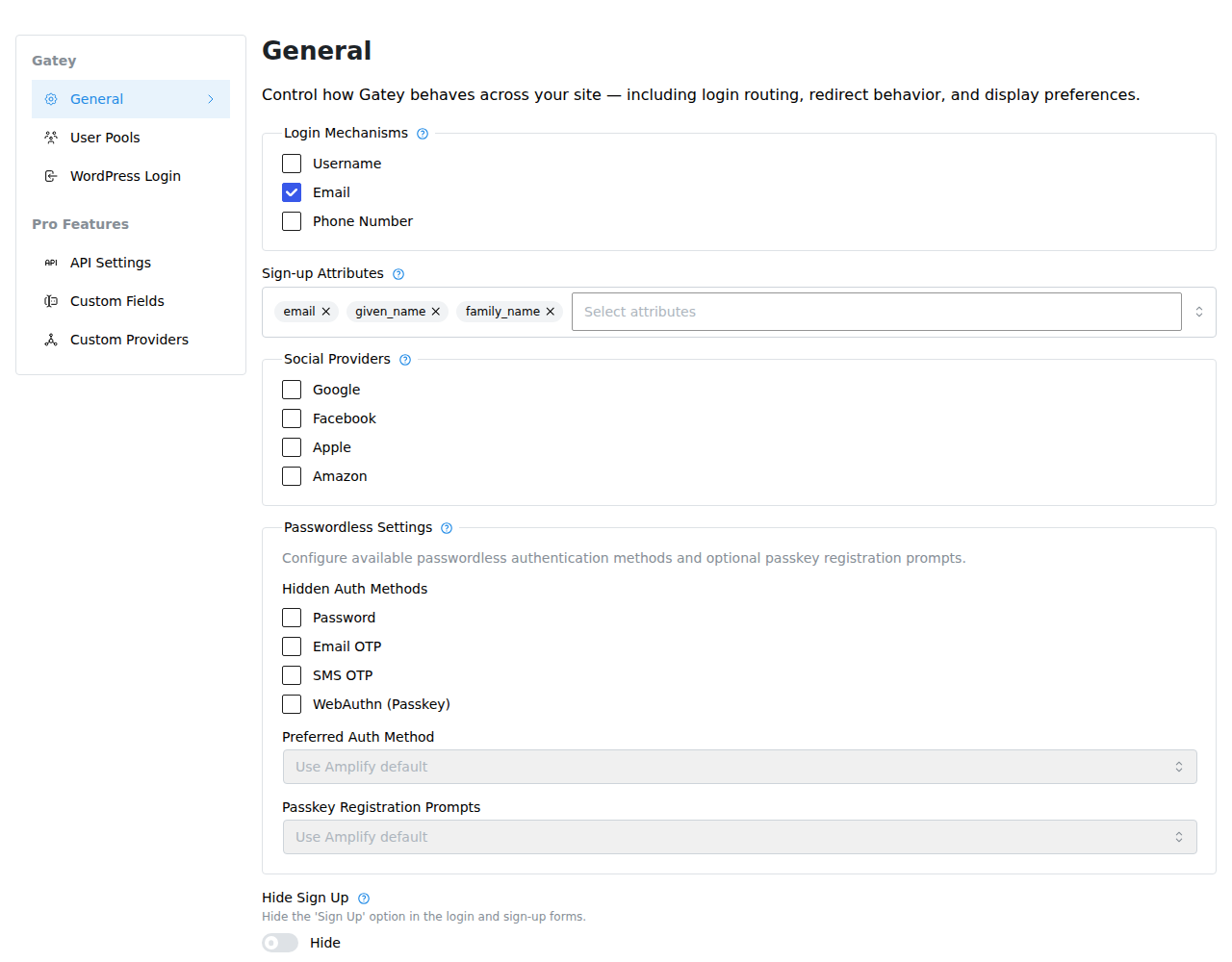 General settings for sign-in methods and authentication preferences.