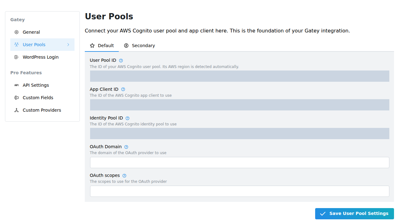 User pool configuration with deployment identifiers hidden.