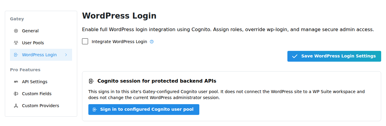 Optional WordPress login integration and protected-backend sign-in guidance.